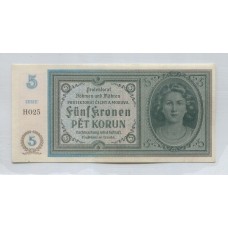 BOHEMIA Y MORAVIA OCUPACION ALEMANA 1940 SEGUNDA GUERRA MUNDIAL 5 KORONAS RARO BILLETE SIN CIRCULAR, UNC